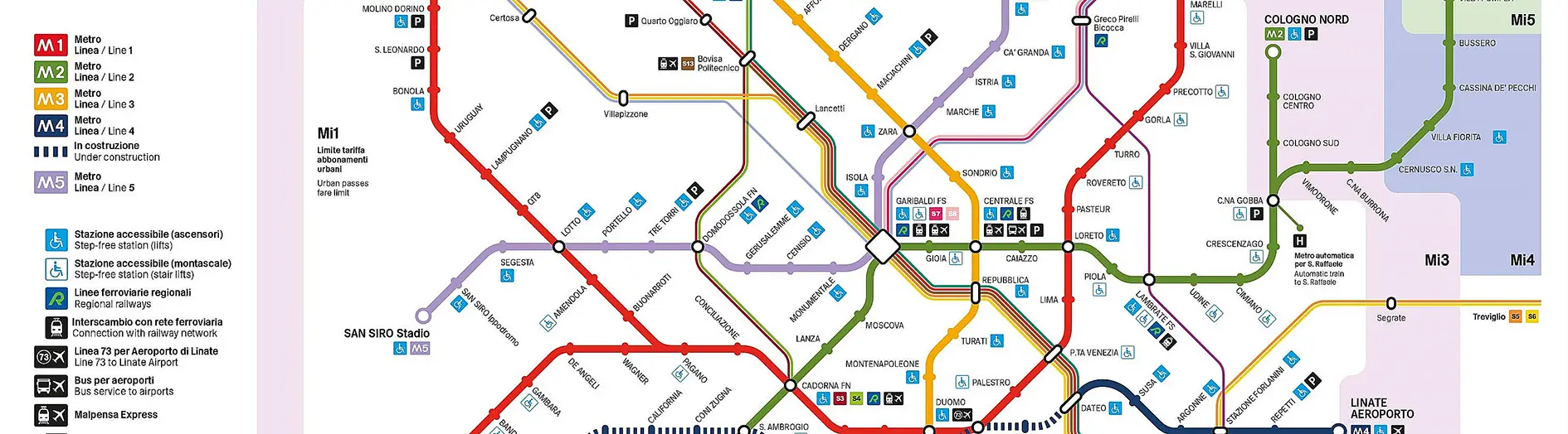 mappa metropolitana milano linea M1, M2, M3, M4